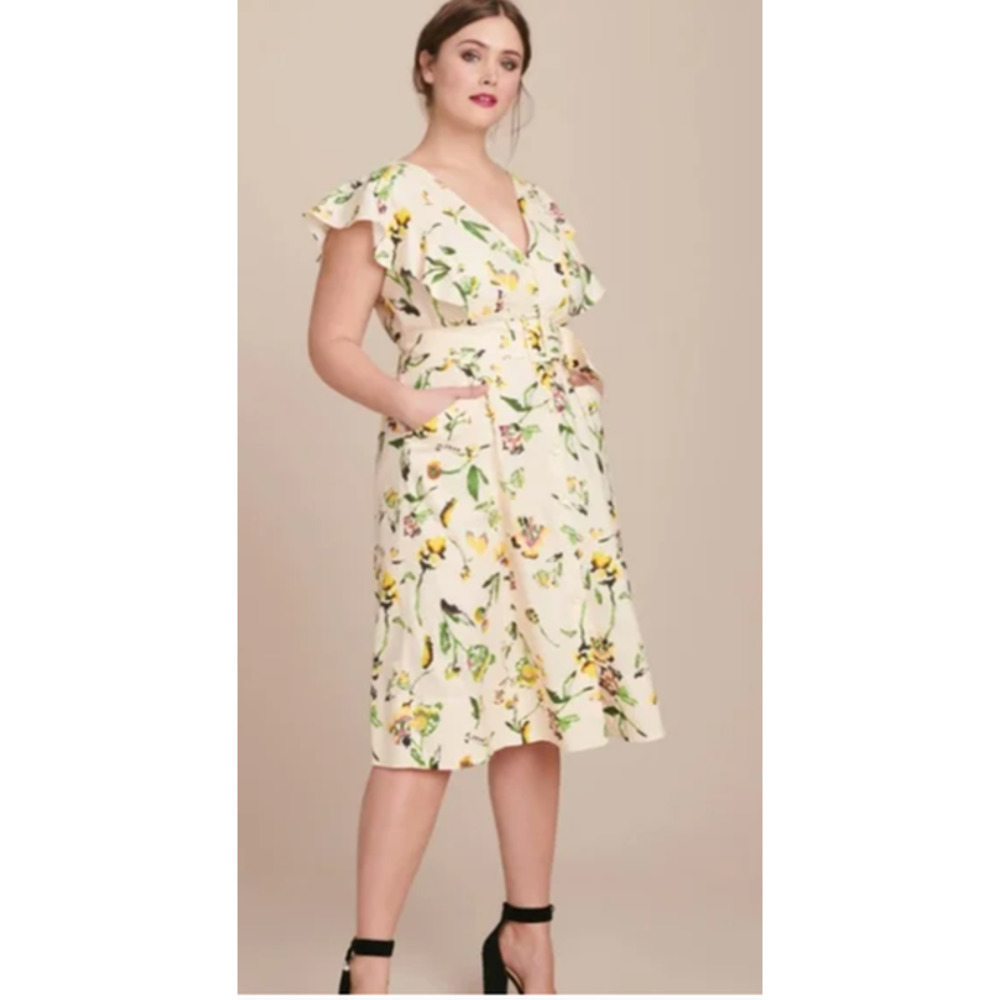 Tanya Taylor Inez Dress Lined V Neck Floral Midi Ivory 0